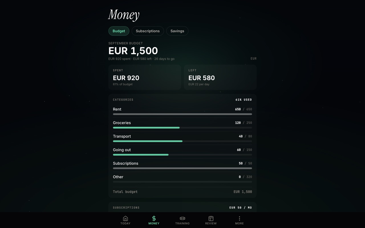 SORTET money view: monthly budget by category