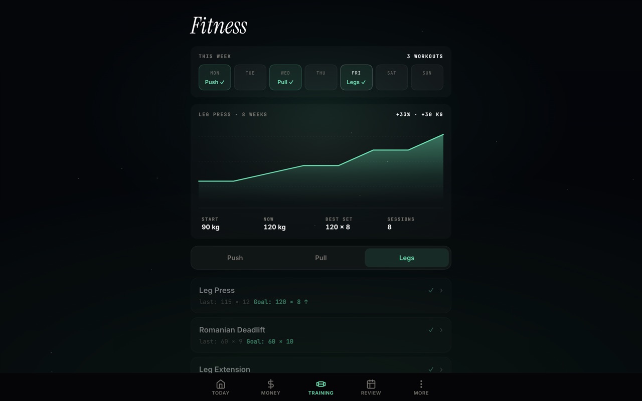 SORTET progress view: training week and strength trend